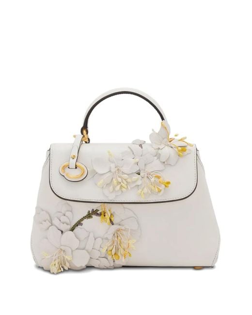 Oscar de la Renta White 3D Floral-Appliqué Mini Bag