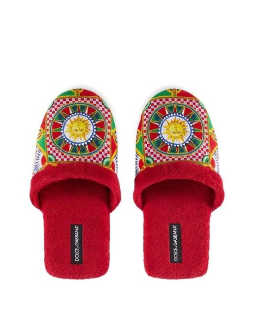 Dolce & Gabbana Red Carretto Siciliano-Print Terry Slippers