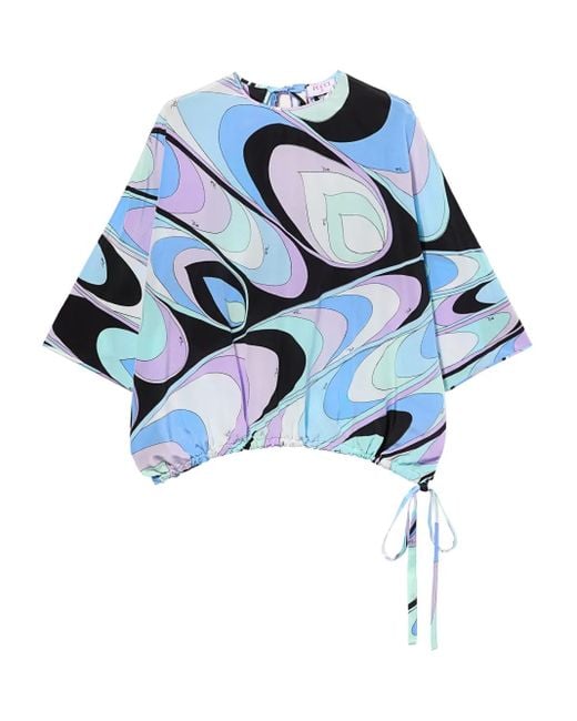 Emilio Pucci Blue Onde-Print Silk Top Blouse