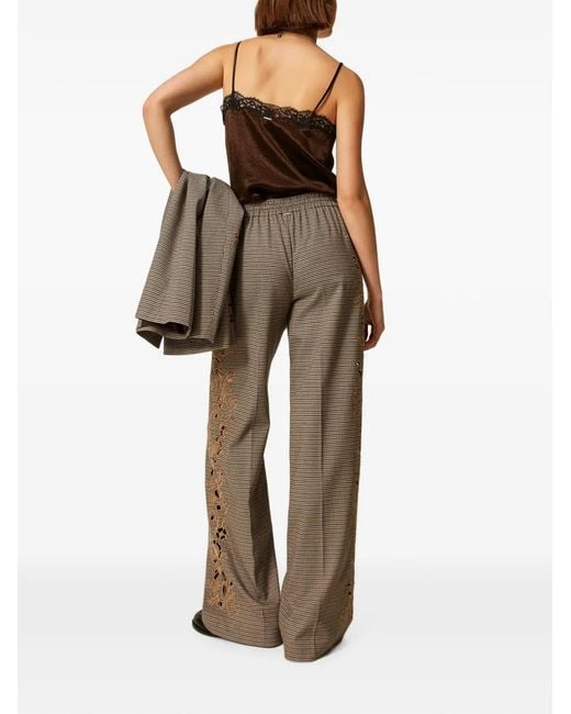 Twinset Brown Houndstooth Palazzo Trousers With Embroidery