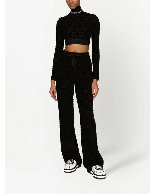 Dolce & Gabbana Black Logo Print Roll Neck Crop Top