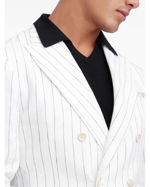 Brunello Cucinelli White Pinstripe-Print Linen Blazer for men
