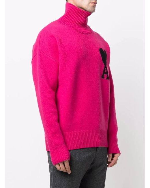 AMI Pink Ami De Coeur Roll-Neck Jumper