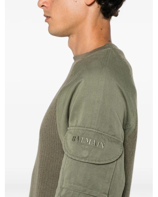 Balmain Green Cargo-Pocket Panelled Sweater for men