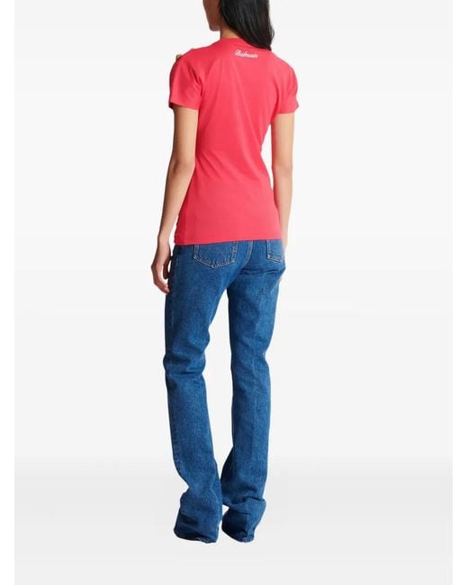 Balmain Pink Draped-Detail Button T-Shirt