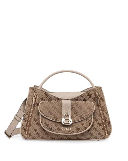 Guess Brown Monogram-Print Logo-Plaque Shoulder Bag