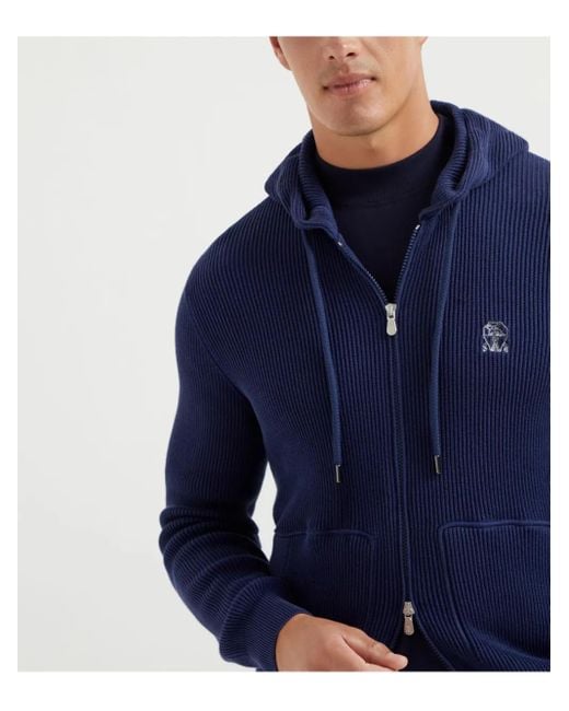 Brunello Cucinelli Blue Knitted Hooded Jacket for men