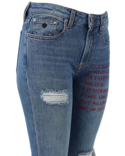 Victory Gate Blue Distressed Slogan-Print Jeans