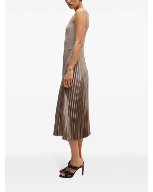 Boss Brown Plissé-skirt Flared Midi Dress