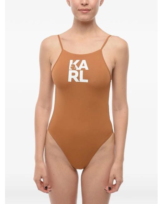 Karl Lagerfeld Natural Logo-Print Scoop-Neck Swimsuit