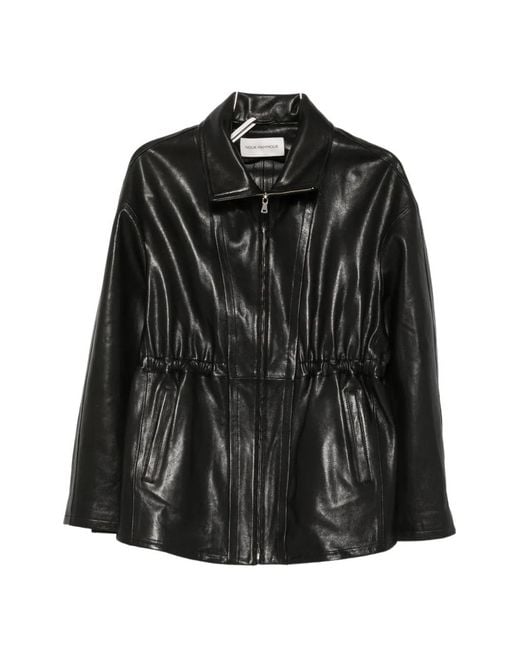 Nour Hammour Black Drawstring-Waist Leather Jacket