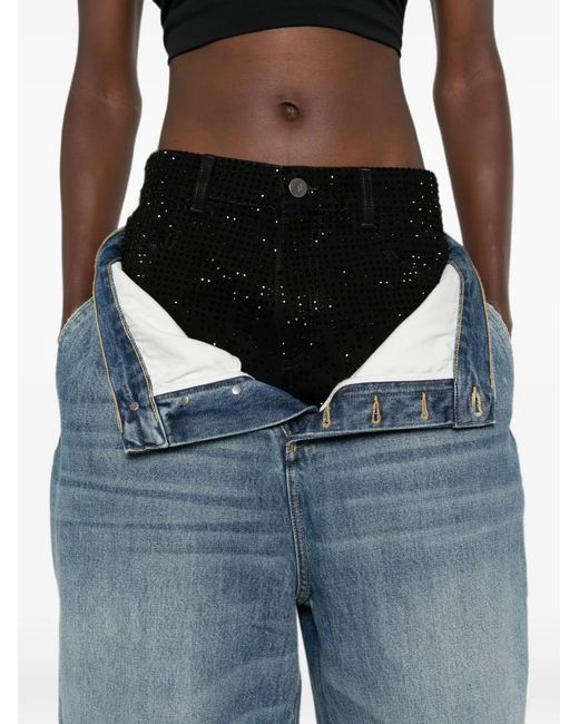 The Attico Blue Rhinestone-Embellished Layered-Waistband Jeans