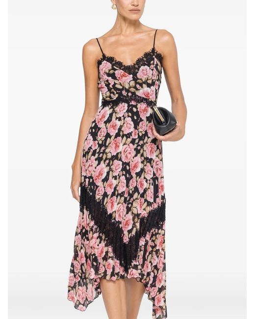 Nissa Red Pleated Floral Midi Dress