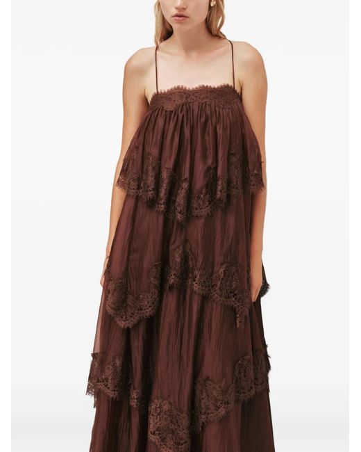 Aje. Brown Ophelia Lace-Trimmed Tiered Maxi Dress