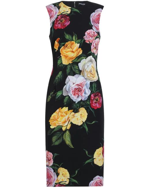 Dolce & Gabbana Black Elegant Floral Silk Dress Knee-Length