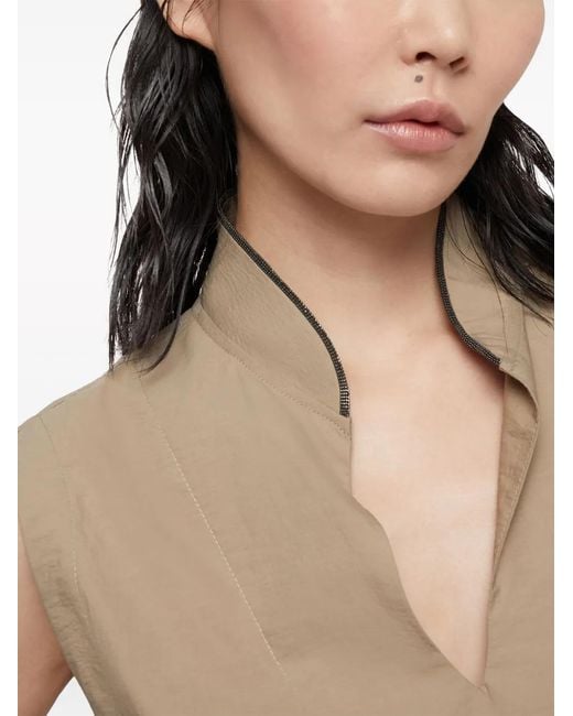 Brunello Cucinelli Brown Techno Cotton Poplin Dress With Belt And Precious Shoulder Detail