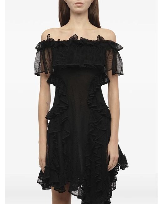 McQueen Black Frilled Off Shoulder Asymmetric Dress
