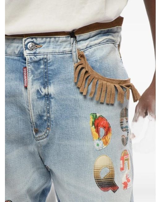 DSquared² Blue Fringe-Detail Patchwork Jeans for men
