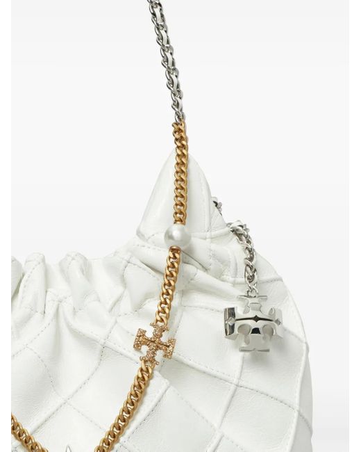 Tory Burch White Mini Fleming Distressed Tote Bag