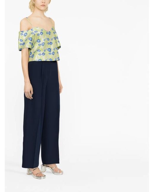 Ganni Blue Floral Jacquard Off-Shoulder Blouse
