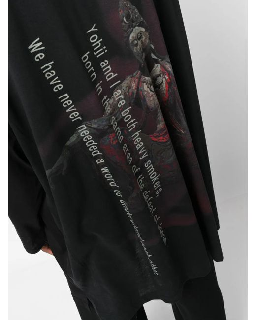 Yohji Yamamoto Black Graphic-Print Long Hoodie T-Shirt for men