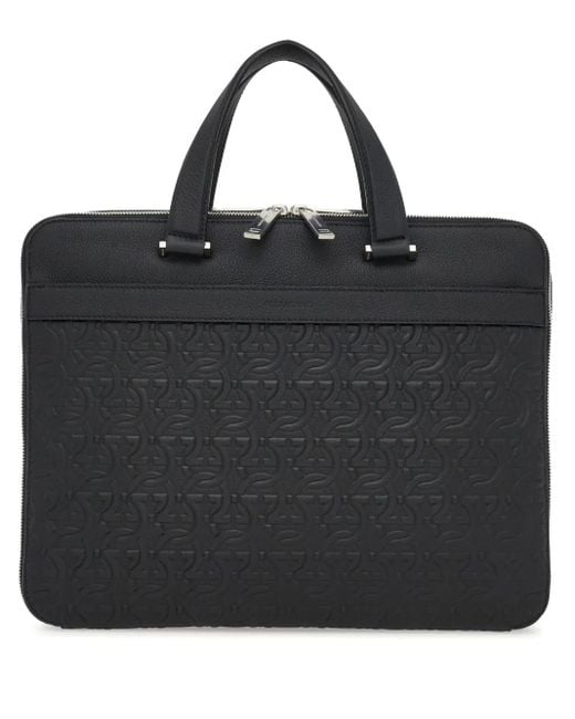 Ferragamo Black Monogram-Embossed Leather Briefcase for men