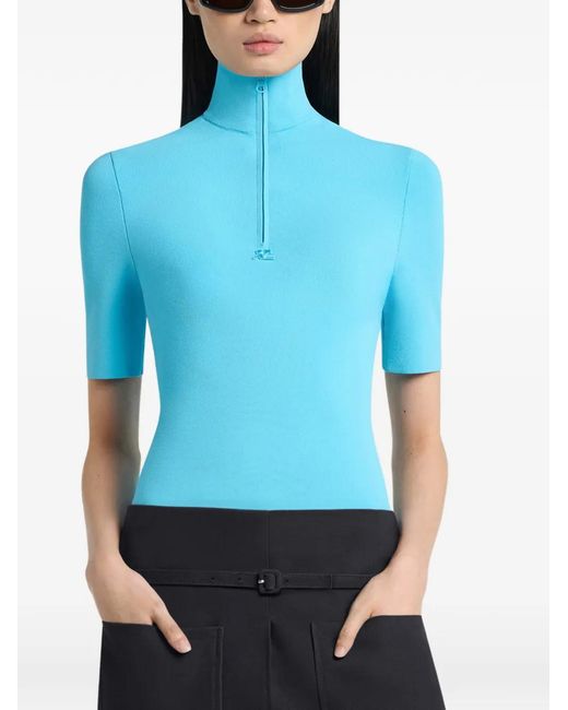 Courreges Blue Zipped Mock-Neck Top