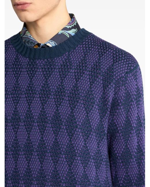 Etro Blue Jacquard Diamond-Pattern Sweater for men