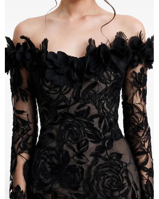 Gemy Maalouf Black Floral-Lace Feathered Dress