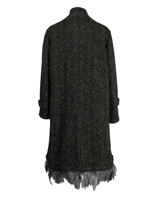 4SDESIGNS Black Feather-Trim Bouclé Single-Breasted Coat for men
