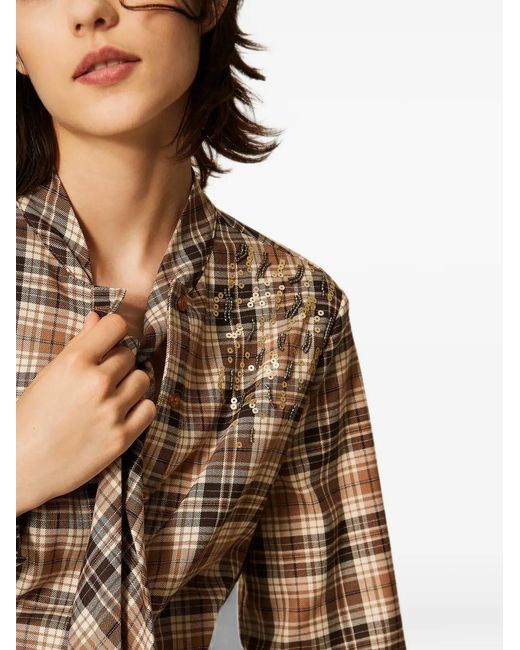 Twinset Brown Tartan Flannel Shirt With Embroidery