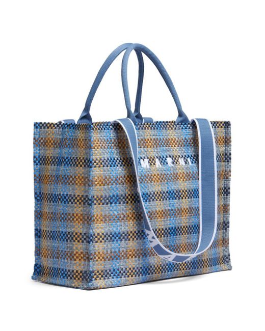 Marni Blue Logo-embroidered Checkered Shopping Bag