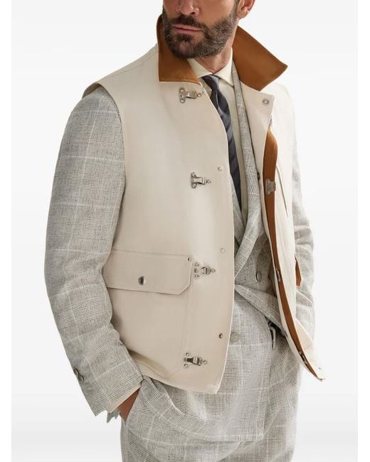 Brunello Cucinelli White Cotton And Linen Canvas Vest With Suede Inserts And Hook Fastening for men