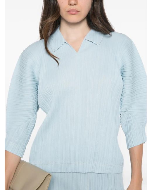 Pleats Please Issey Miyake Blue V-Neck Pleated T-Shirt