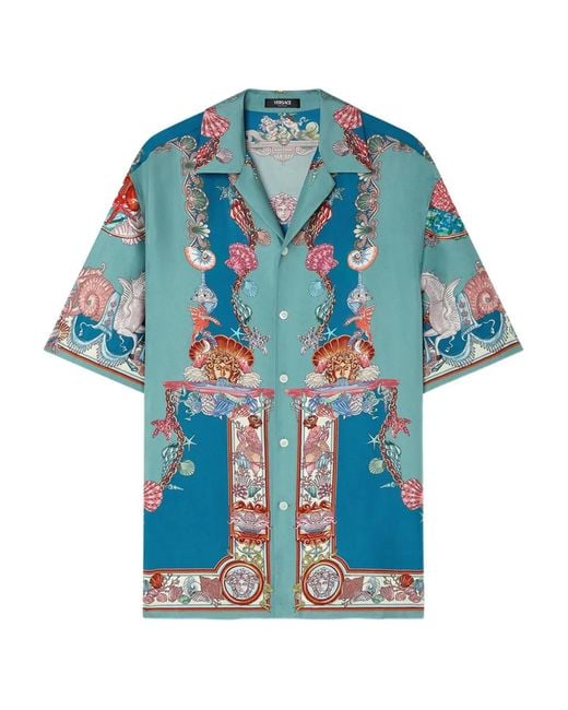 Versace Overhemden ,Blauw ,Leer Zijden Shirt Met Coral Theatre Print in het Blue voor heren
