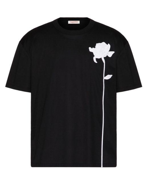 Valentino Garavani Black Flower-appliqué Cotton T-shirt for men