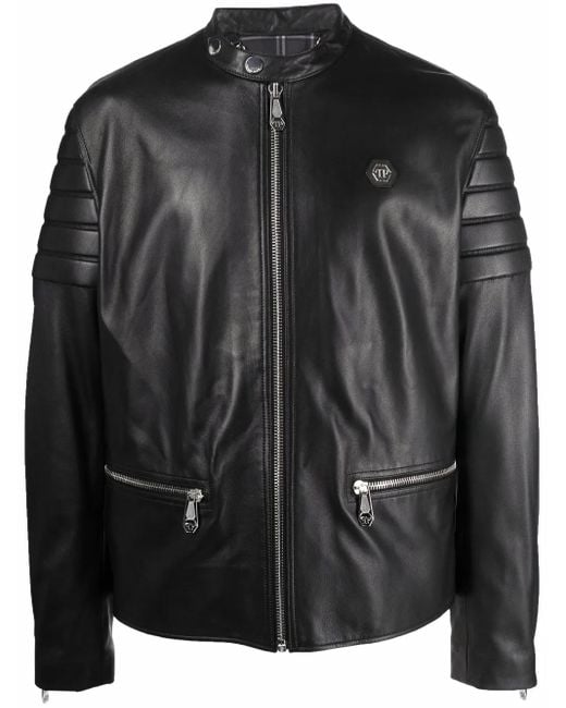 Philipp Plein Black Doberman-Print Moto Jacket for men