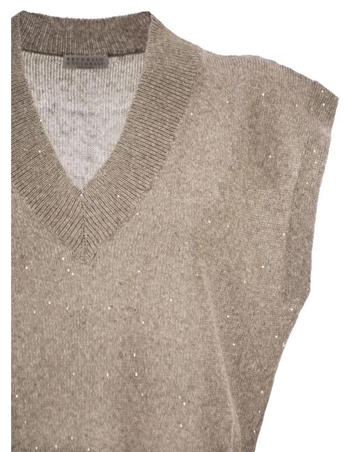 Brunello Cucinelli Gray Embellished V-Neck Vest
