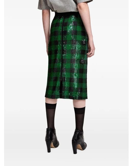 Essentiel Antwerp Green Sequin-Embellished Checked Midi Skirt