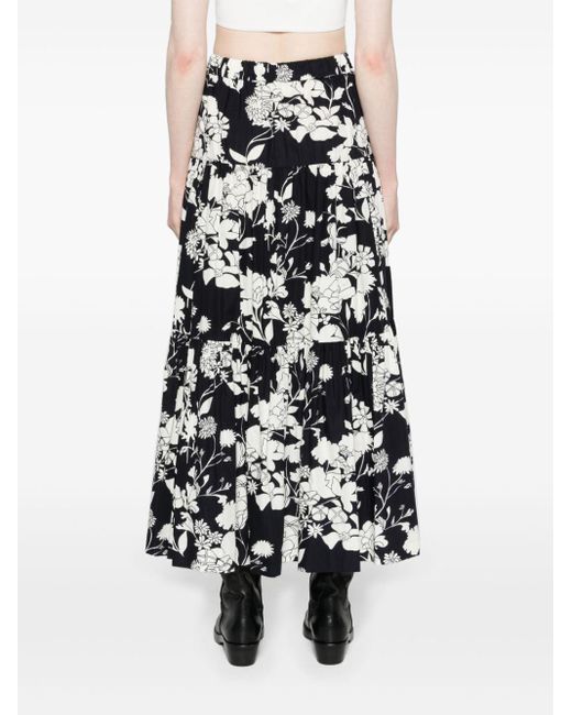 Maje Black Floral-print Tiered Maxi Skirt