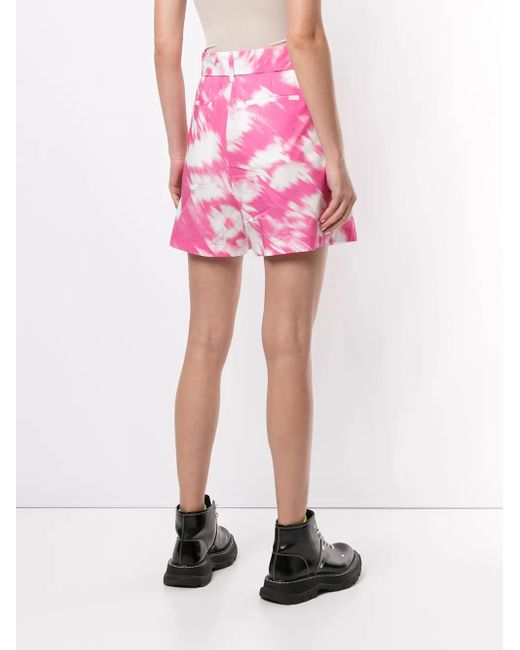 MSGM Pink Painterly-Print Belted Shorts