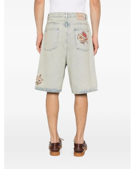 Drole de Monsieur White Floral-Embroidered Denim Shorts for men