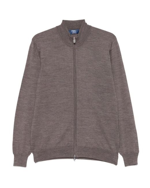 Fedeli Brown Zip-Front High-Neck Cardigan for men