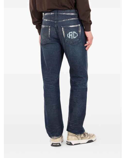 Roberto Cavalli Blue Sandblasted-Effect Chain-Detail Jeans for men