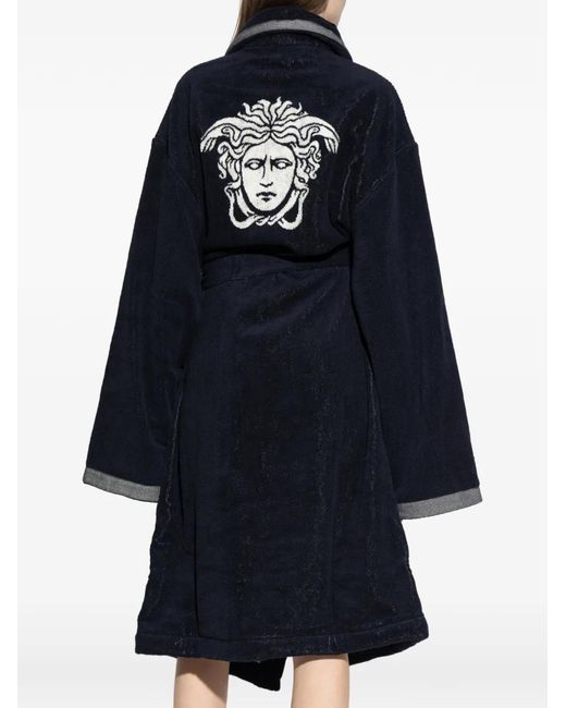 Versace Blue Embroidered-Graphic Cotton Bathrobe