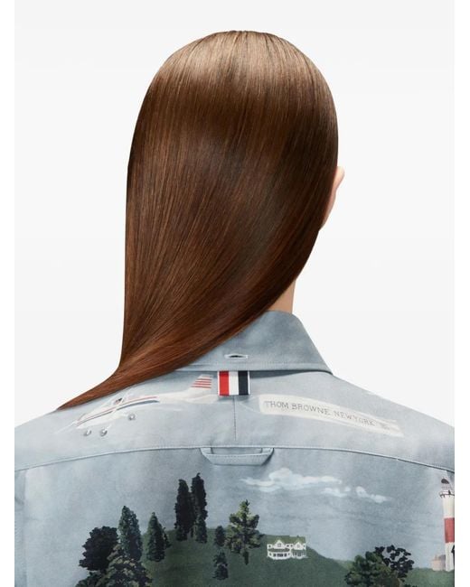 Thom Browne Blue Nantucket Scenic-Print Silk Shirt