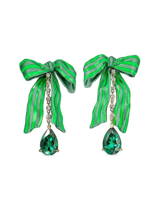 Anabela Chan Green 18kt White Gold Vermeil Bardot Bow Emerald And Diamond Earrings