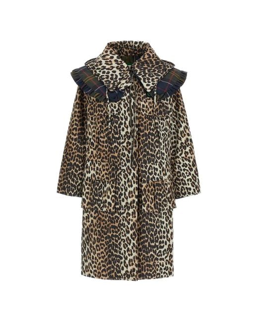 Barbour Brown X Ganni Animal Print Ruffled Parka