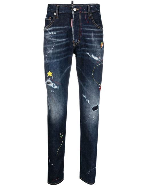 DSquared² Illustrated Distressed Skinny Jeans in het Blue voor heren