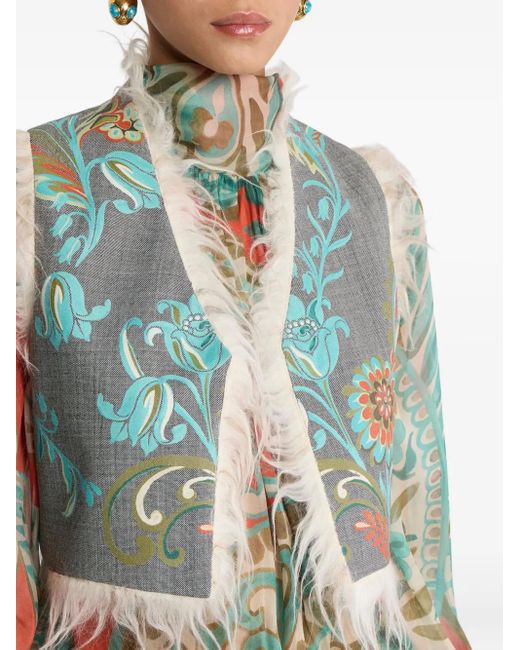 Etro Blue Floral-Print Fringed Waistcoat
